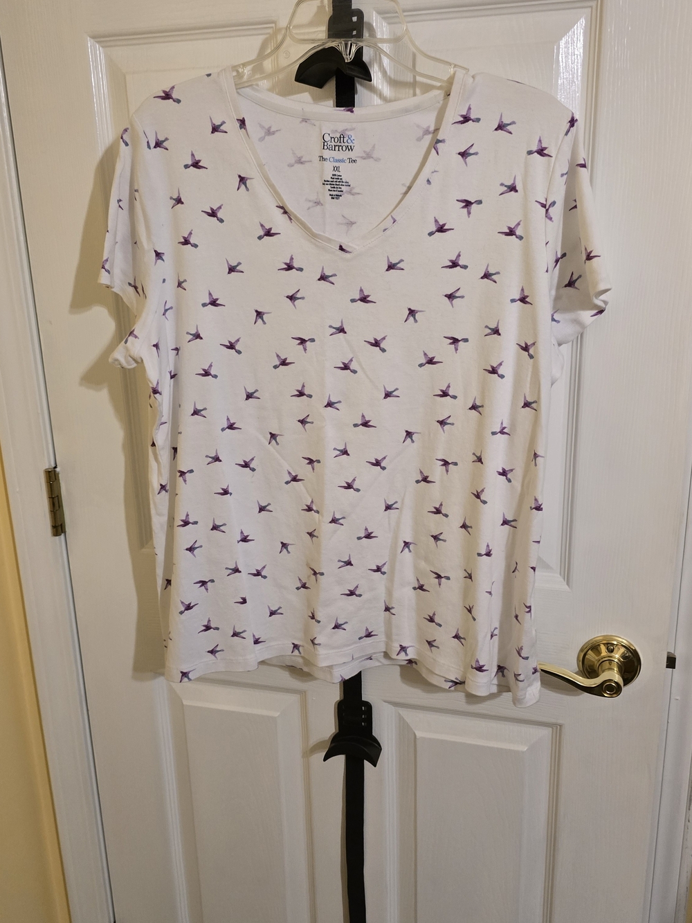 croft & barrow White V‑Neck Tee with Purple Bird Pattern